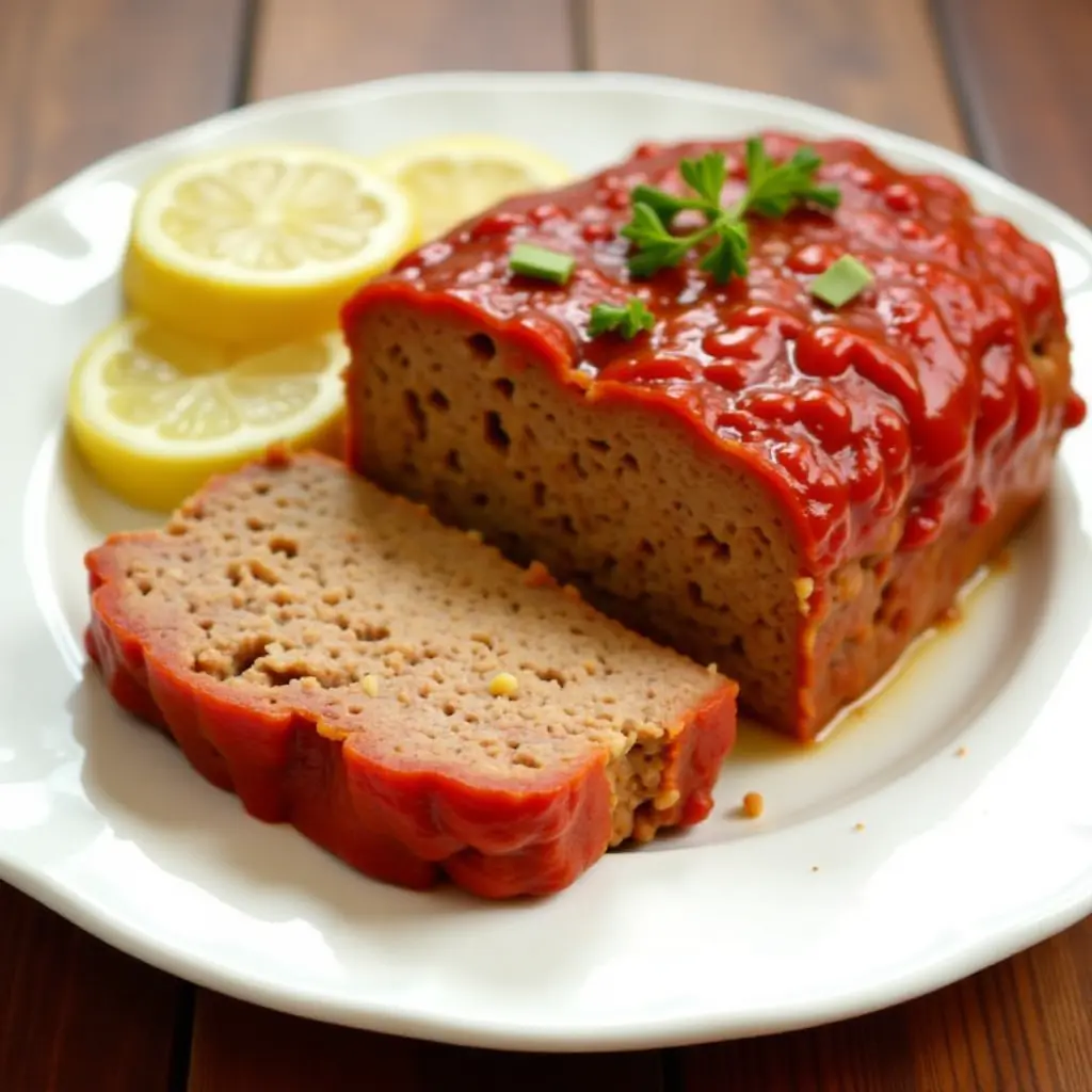 Vegan Meatloaf with Tomato Glaze and Lemon Slices