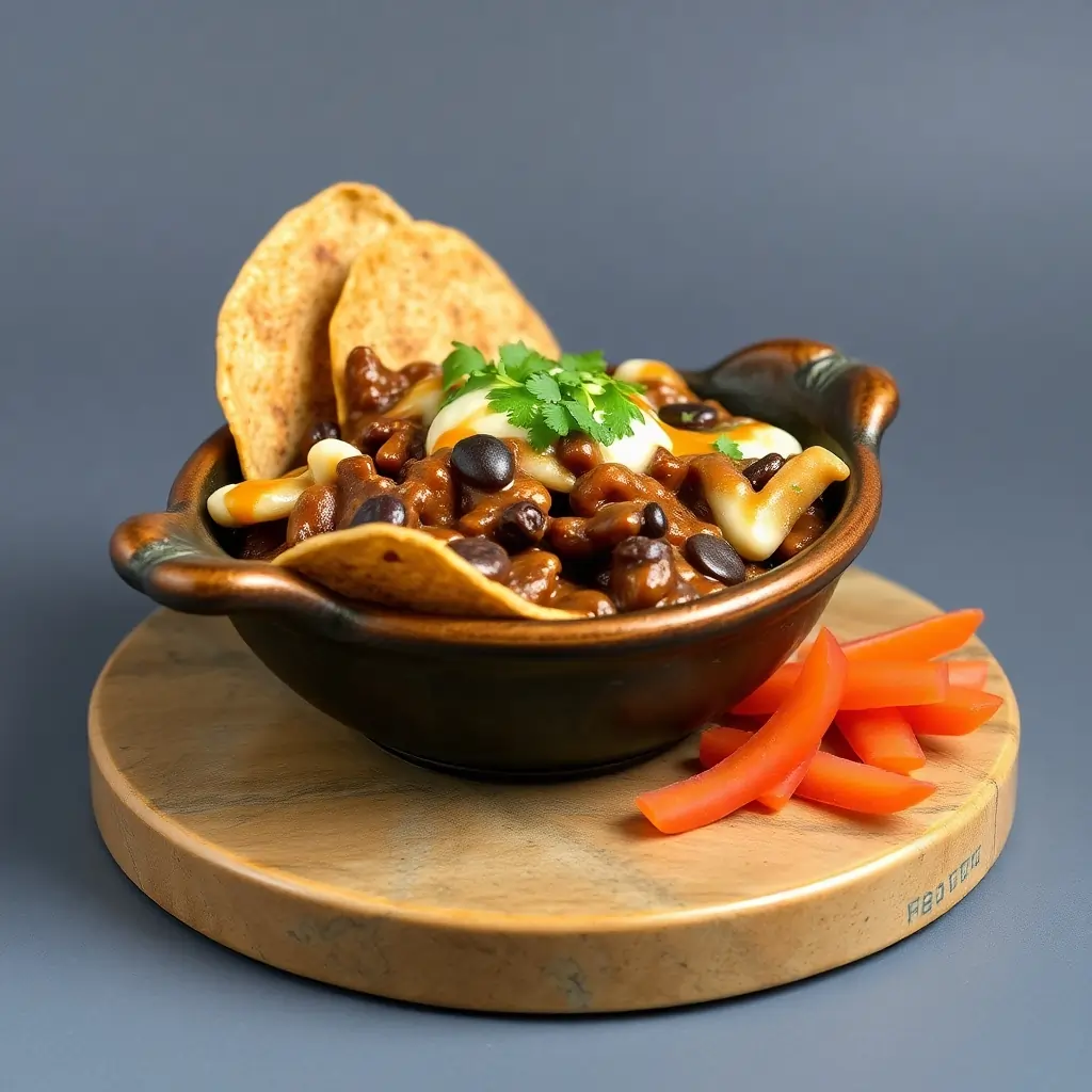 Mexican Chili Nachos in a Rustic Bowl