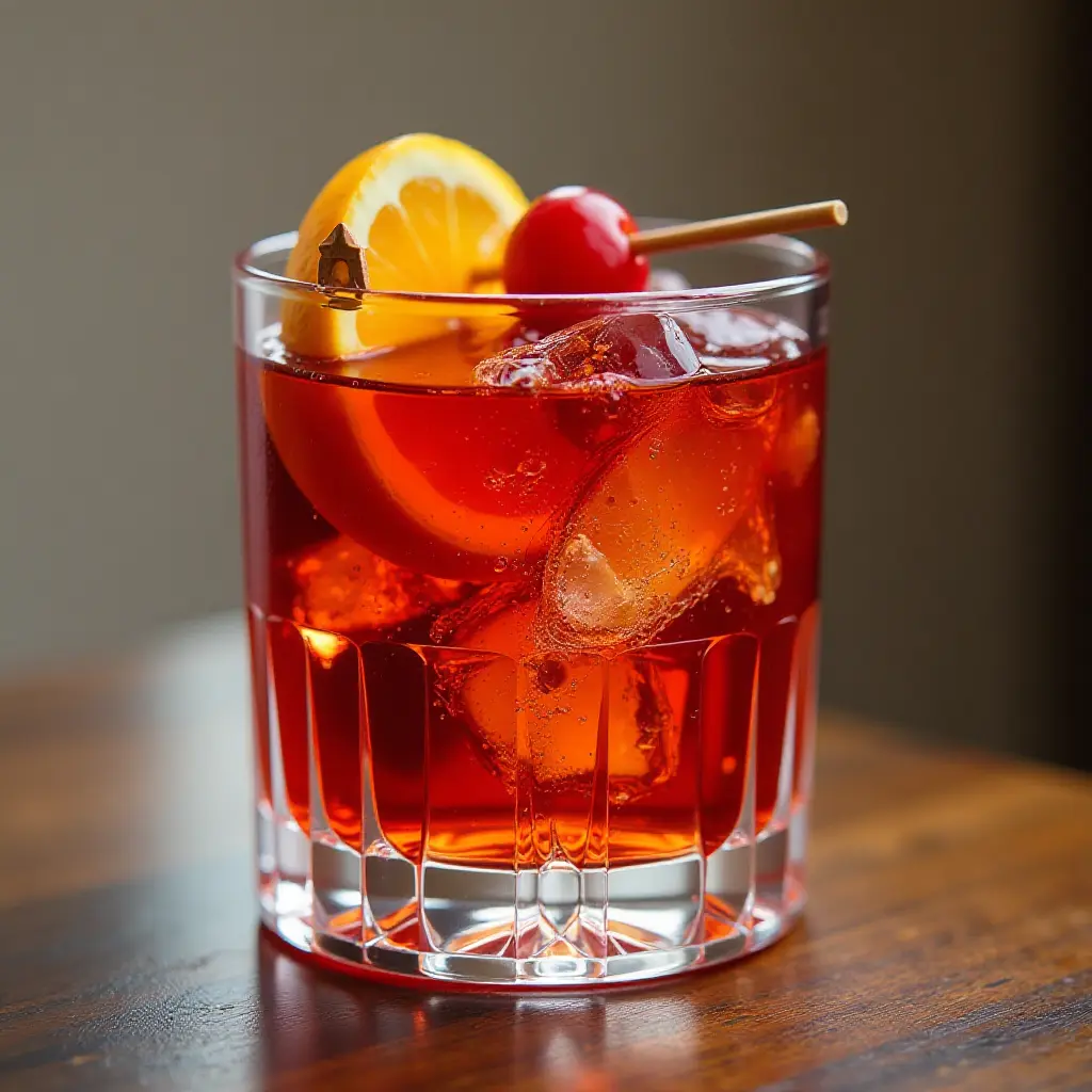 Negroni Cocktail with Orange Slice and Cherry Garnish