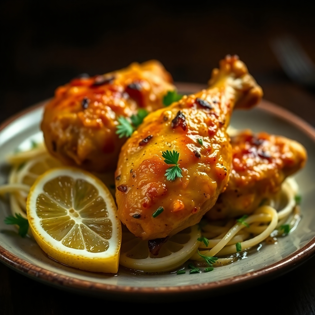 Lemon Garlic Chicken Drumsticks Served on Pasta