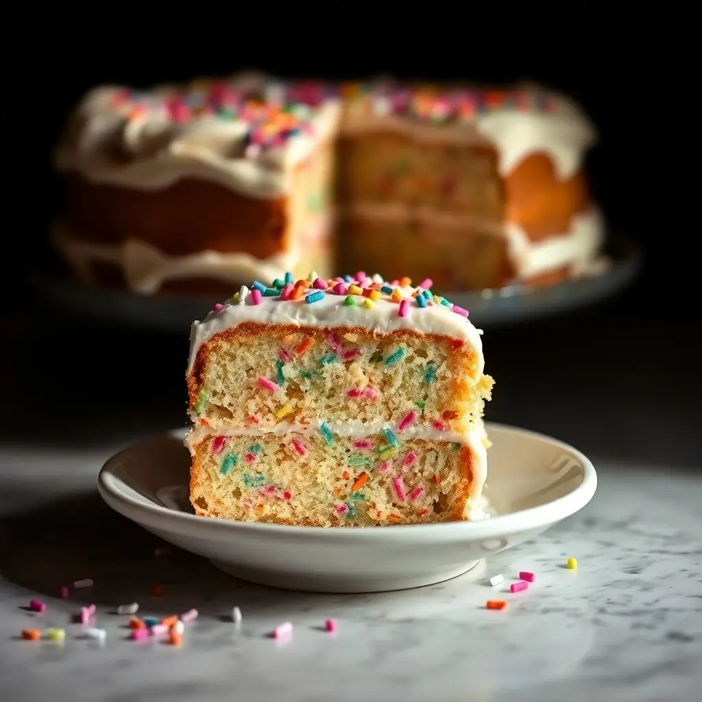 Slice of Funfetti Cake with Vanilla Frosting