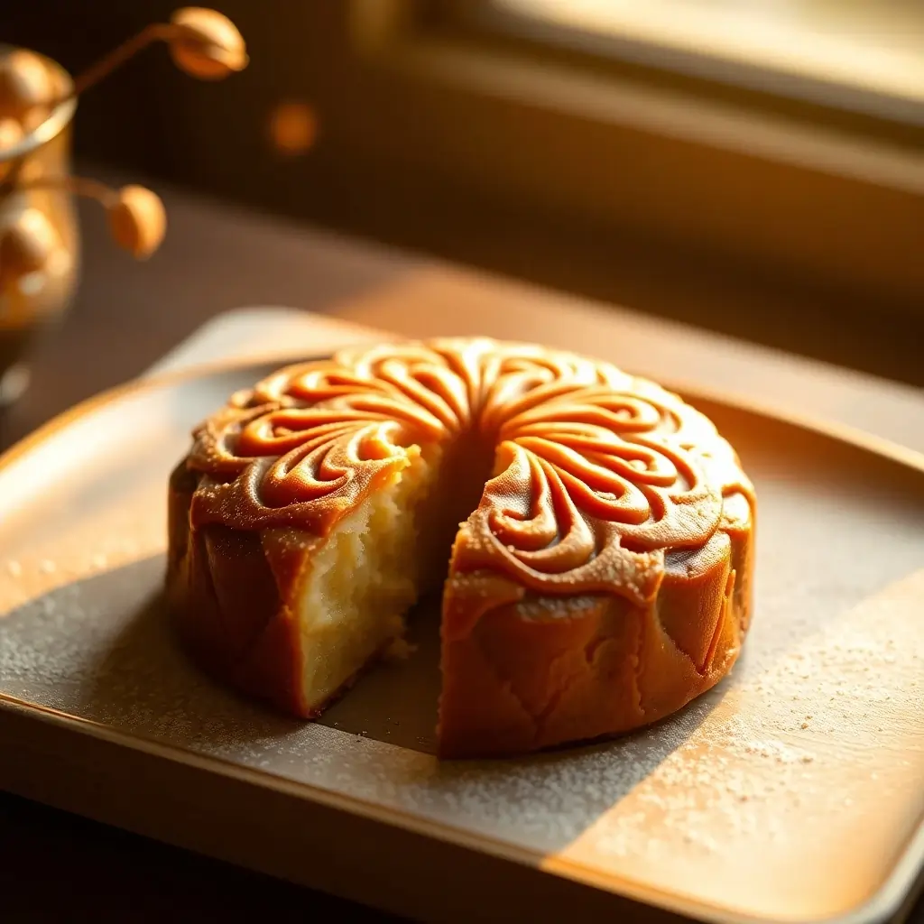 Elegant Mooncake with a Carved Design and Creamy Filling