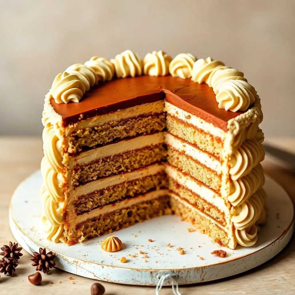 Multi-Layer Cake with Caramel Frosting and Decorative Piping