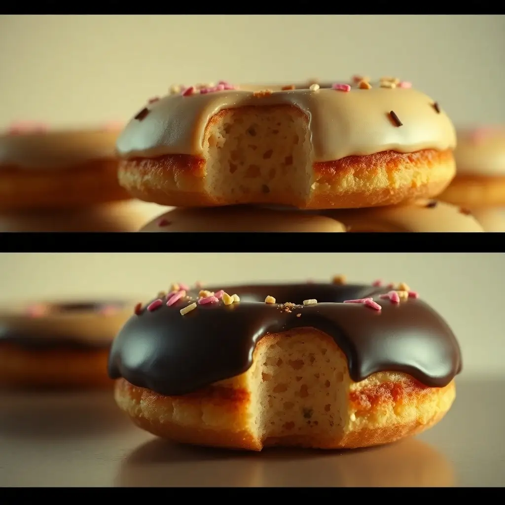 Vanilla and Chocolate Frosted Donuts with a Bite