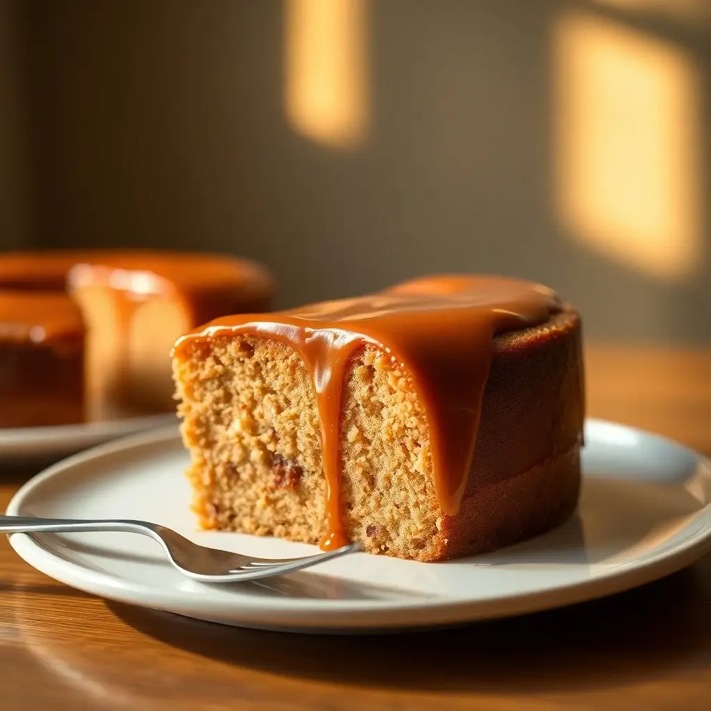 Slice of Caramel-Glazed Cake on a Plate