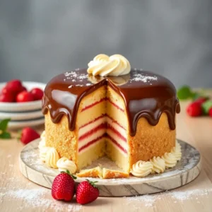 Strawberry Layer Cake with Chocolate Ganache Drip