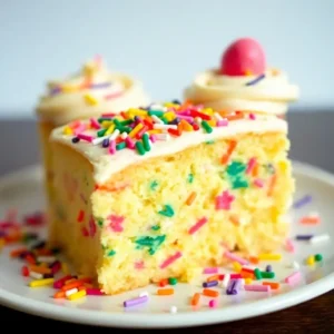 Colorful Slice of Funfetti Cake with Decorative Frosting