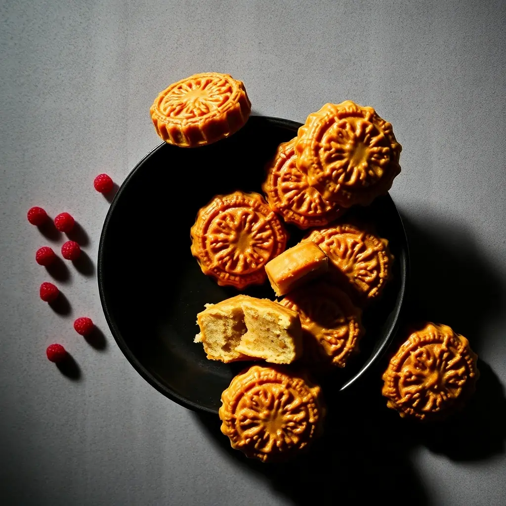 Assorted Mooncakes with a Golden Crust and Berry Garnish