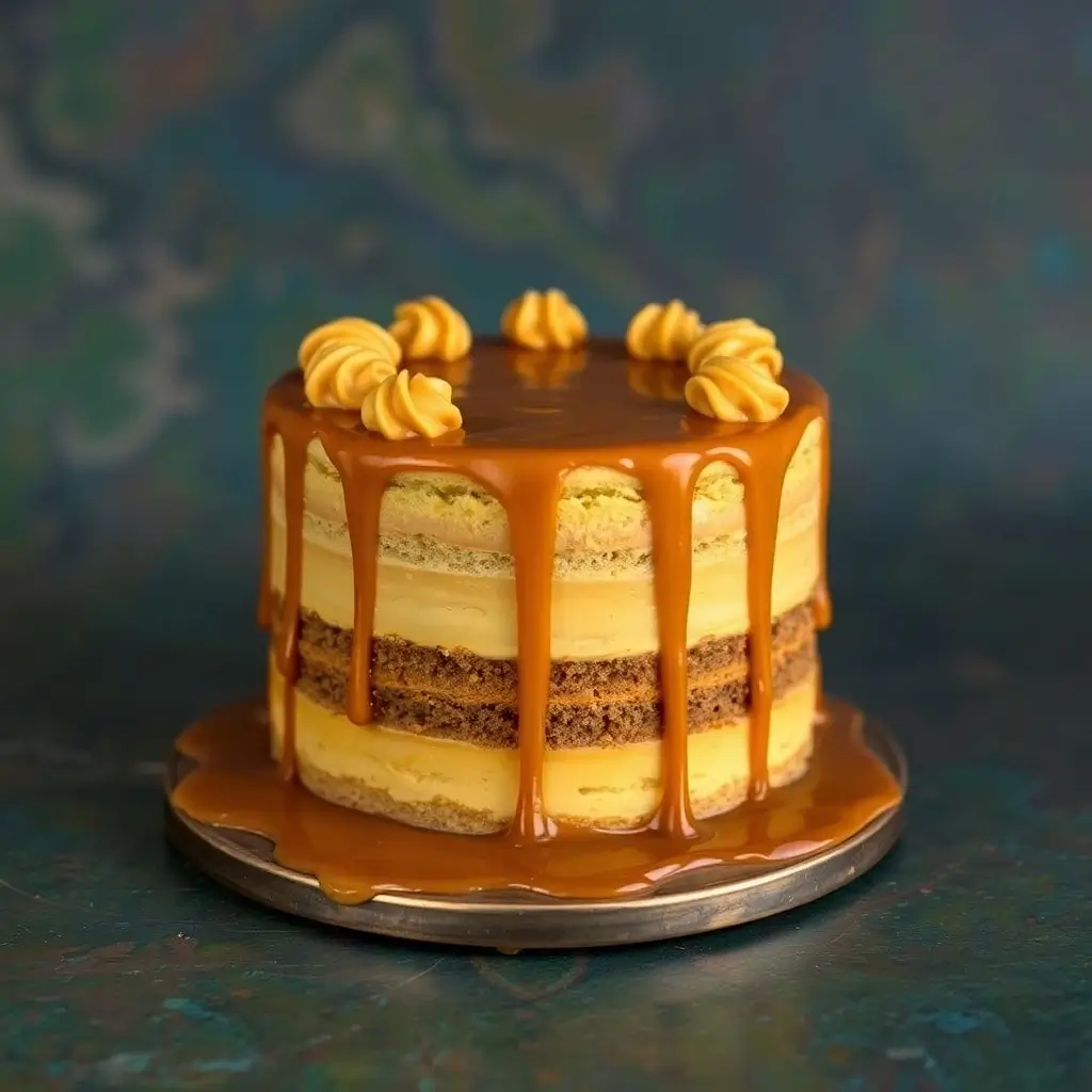 Layered Cake with Caramel Drizzle and Decorative Swirls