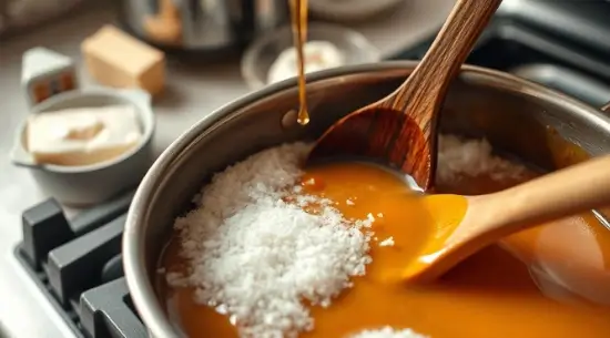 Cooking Caramel Sauce with Coconut Flakes