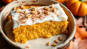 A slice of moist pumpkin cake topped with creamy frosting, sprinkled with cinnamon and walnuts, served in a rustic dish surrounded by autumn decorations.