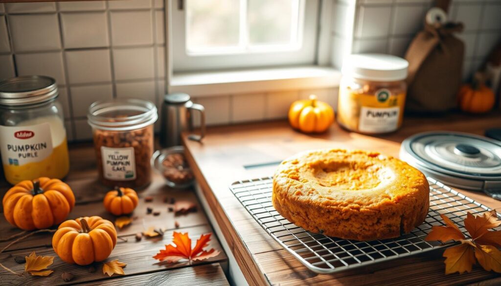 A freshly baked pumpkin bundt cake cooling on a wire rack in a cozy kitchen, surrounded by fall-themed decorations and ingredients.