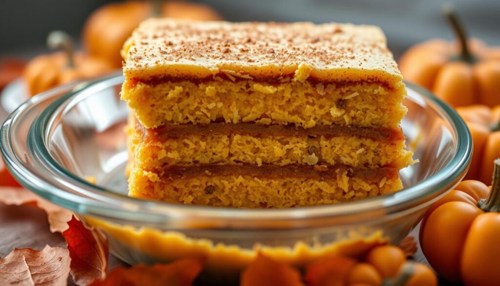 A three-layer pumpkin cake with smooth frosting, lightly dusted with cinnamon, served in a clear glass dish and surrounded by pumpkins.