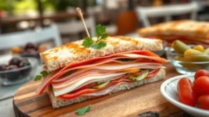 Layered Argentinian crustless sandwich (Sandwich de Miga) served on a wooden board with fresh vegetables in the background.